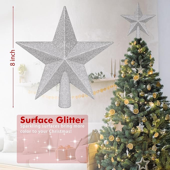 Tree Topper Star, 8" Silver Christmas Tree Topper with Glitter, 3D Bethlehem Star Xmas Tree Topper Decorations, Waterproof Shatter-Proof Tree Decoration for Christmas Holiday Home Indoor and Outdoor