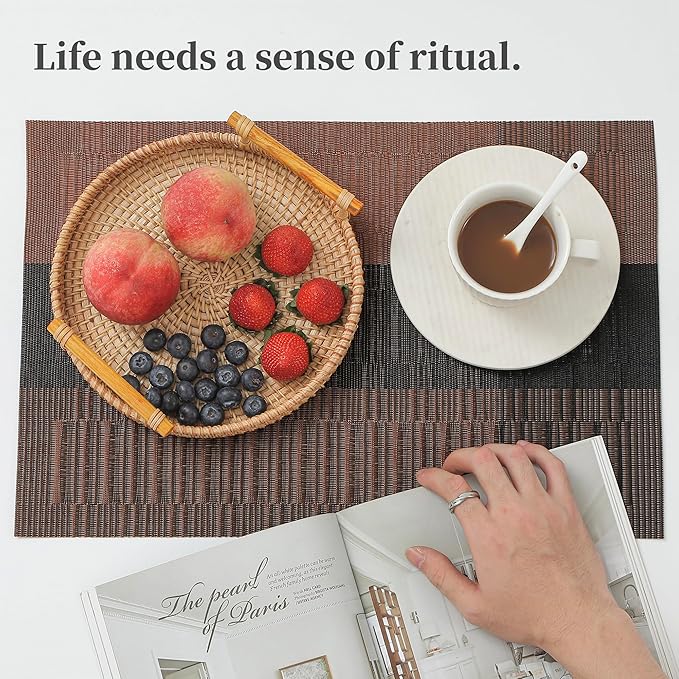 Leetaltree Brown with Black Striped Placemats Set of 8 - Heat Resistant Non-Slip Place mats for Dining Table, Washable Durable PVC Vinyl Woven Table Mats（Brown Stripe, 8）