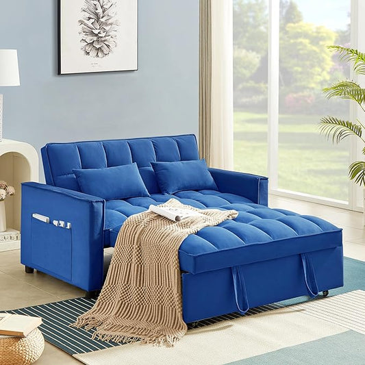 3 in 1 Convertible Sleeper Sofa Bed,Futon Loveseat Couch with Pull-Out Bed & Adjustable Backrest,Velvet Fabric Sofa with Side Pocket for Small Apartment, Living Room, Office (Blue)