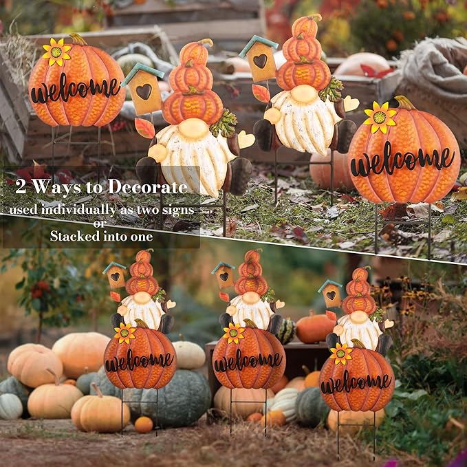 TERESA'S COLLECTIONS Fall Gnome Pumpkin Decorations for Outdoor Home, Metal Fall Decor Welcome Signs Stakes, Orange Autumn Yard Decor for Thanksgiving, Harvest Garden Patio Gift for Mom 25"