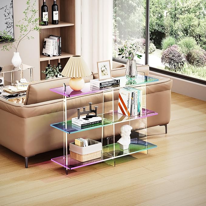 Acrylic Bookshelf, Small 3 Tier Open Bookcase for Small Spaces,Sofa Table, Hallway Entry Table for Home Living Room (Iridescent, 39.4" x 11.8" x 31.5)