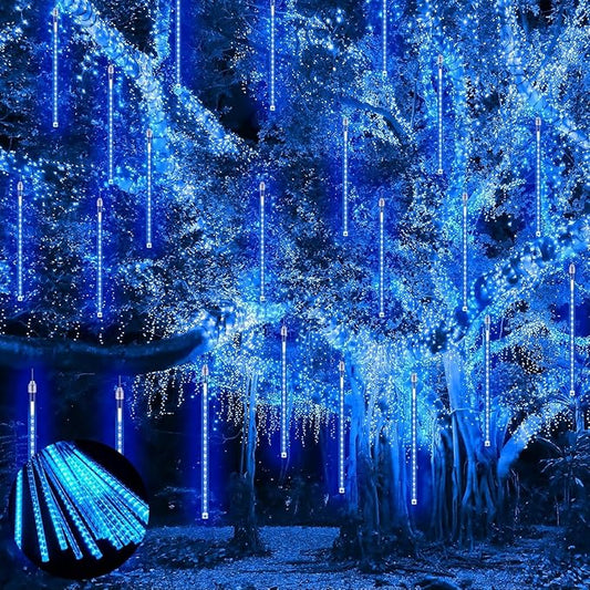PEMOTech Christmas Lights Outdoor,24 Tubes 30cm 576 Led Meteor Shower Lights, Waterproof Christmas Decorations Icicle Light for Xmas Tree Halloween Party, Outdoor Christmas Decorations,Ul Plug,Blue