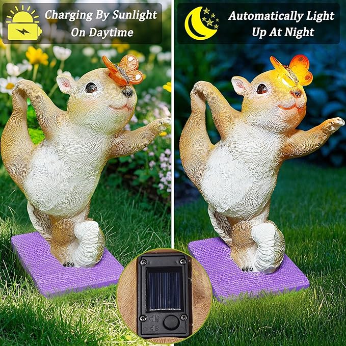 Solar Light Garden Statue Squirrel Figurine, Resin Squirrel Doing Yoga with Lighted Butterfly, Waterproof Spring Outdoor Ornaments for Garden, Front Door, Patio Decor & Gifts for Mother's Day