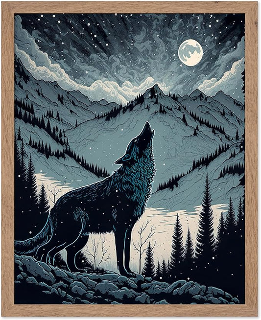 Poster Master Vintage Illustration Poster - Retro Animal Print - Gift for Artist, Friend - Wolf Howling at the Moon, Mountain, Snow, Landscape - Wall Decor for Home, Office, 16x20 Beige Framed