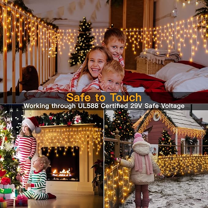 Ollny Icicle Lights Outdoor Warm White, 594LED 49FT Christmas Lights with Remote 8 Modes Dimmable, Waterproof Connectable Timer Hanging Lights for House Outside Yard Indoor Decorations