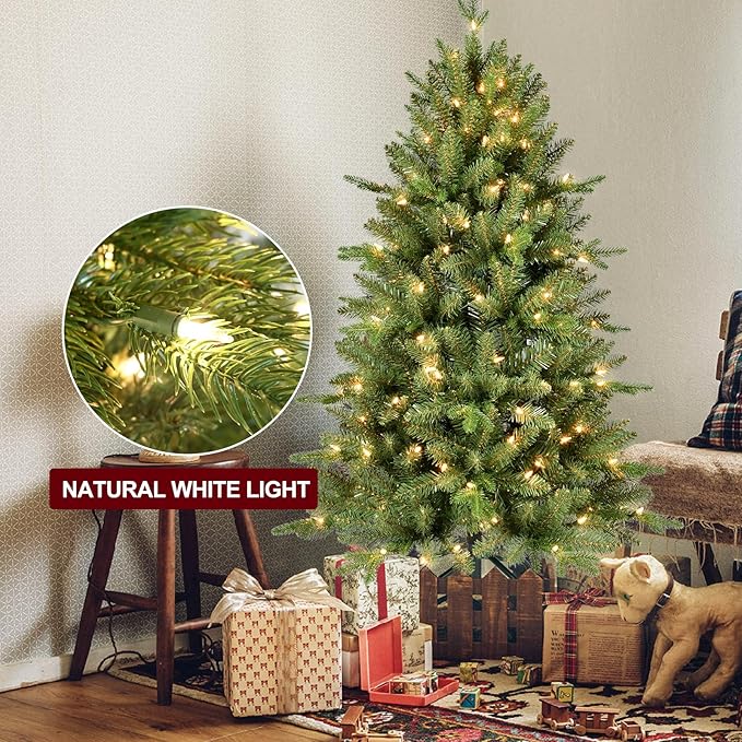 4FT Pre-Lit Artificial Christmas Tree with 628 PE&PVC Mixed Branch Tips, 200 Warm White Lights, Hinged Premium Spruce Fake Xmas Trees, Green, Foldable Base