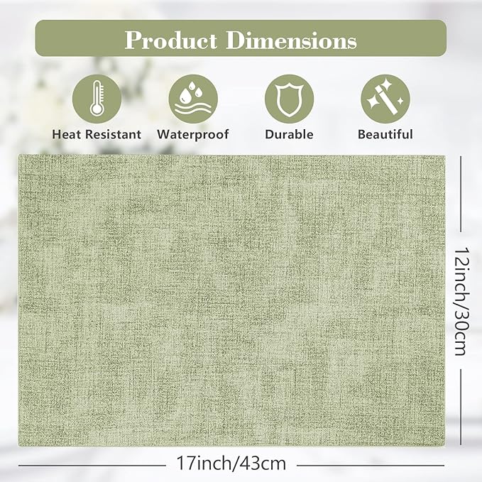 Faux Leather Placemats Set of 6,Heat Resistant Placemats for Dining Table, Easy Clean Non-Slip Place Mats, Waterproof Stain Resistant Wipeable Washable PU Table Mats, (Light Green)