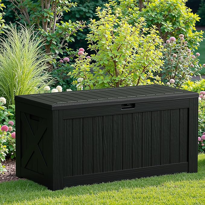 JUMMICO 120 Gallon Resin Deck Box, Large Outdoor Storage Box Waterproof & Lockable for Garden, Patio, Pools (Black)
