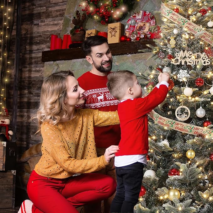 GarveeHome 7.5 FT Lighted Aspen Fir Christmas Tree,Flocked Green Artificial Christmas Tree with Warm White & Twinkle Lights for Indoor,Outdoor, Holiday Décor, Metal Hinges, Foldable Base