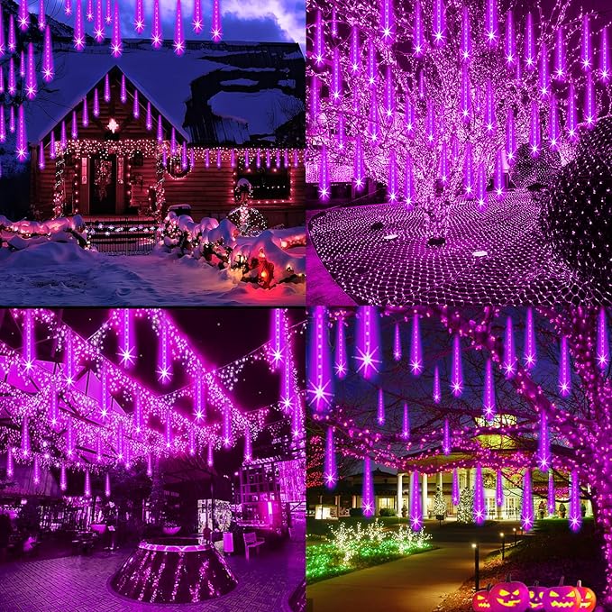 Purple Christmas Lights Outdoor Meteor Shower Lights 8 Tubes 192 LED Falling Rain Dripping Icicle Light for Xmas Christmas Decor Halloween Decorations, Halloween Light Outdoor, UL Plug