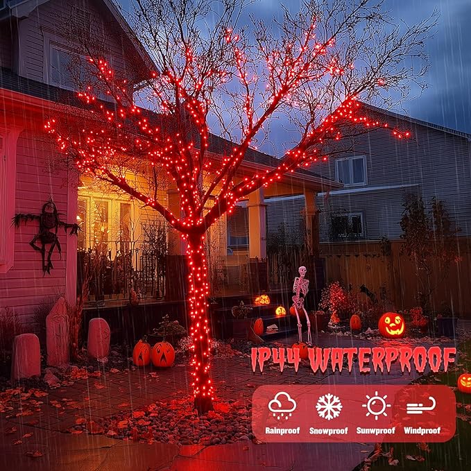 JMEXSUSS 2 Pack Red Solar Lights Outdoor Waterproof, Each 33FT 100 LED Red Halloween Lights, Solar Fairy String Light for Outside Tree Party Patio Christmas Halloween Decorations