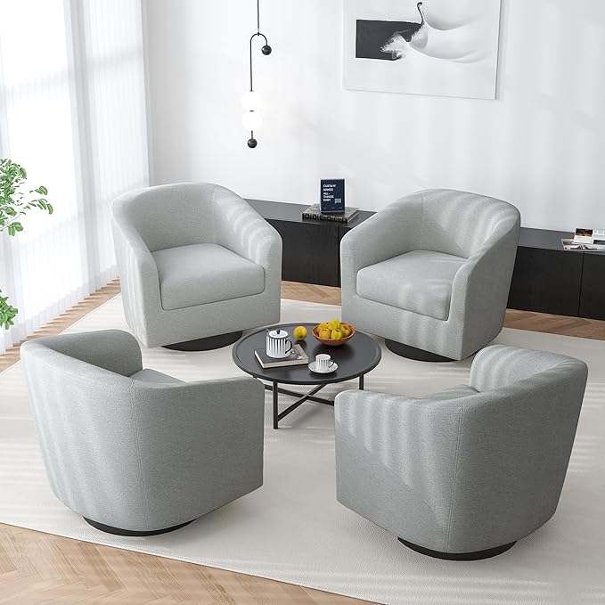Swivel Barrel Accent Chair, Modern Round Chenille Fabric Arm Chair for Living Room, Bedroom, Comfy Club Reading Chairs for Adults（Chenille Fabric, Light Grey, Set of 4