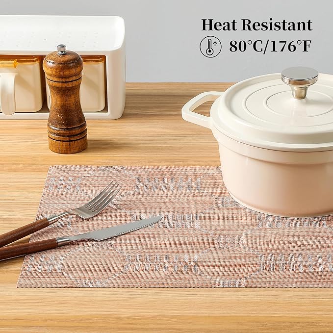 Leetaltree Coral Placemats Set of 12 - Heat Resistant Non-Slip Place mats for Dining Table, Washable Durable PVC Vinyl Woven Table Mats（Coral, 12）