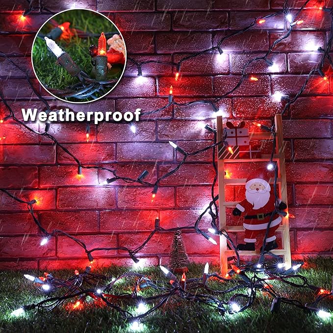 Brizled Red & White Christmas Lights, 33ft 100 LED Christmas Tree Lights, 120V UL Listed Mini String Lights Connectable, Plugin LED Xmas Lights, Indoor Christmas Lights for Outdoor Party Home Decor