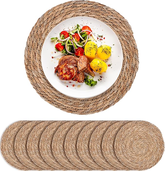 Defined Deco Woven Placemats Set of 10,13.5" Round Rattan Placemats,Farmhouse Weave Rustic Braided Wicker Table Mats for Dining Table Home Wedding