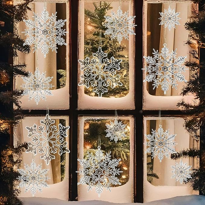 Christmas Tree Decorations Snowflake Ornaments 36Pcs Clear Plastic Hanging Snowflakes from Ceiling Snow Flakes Decorating Hanging for Winter Wonderland Decorations Indoor Outdoor Decor