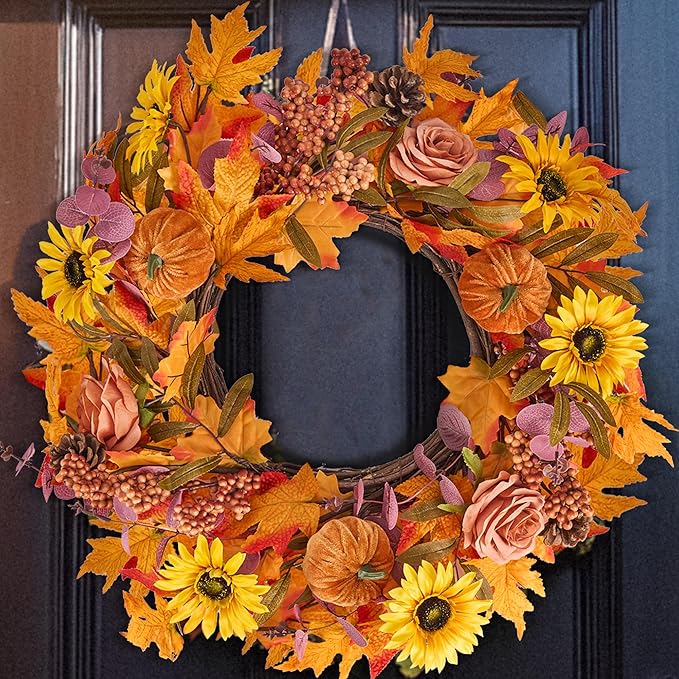 GENMOUS 24Inch Fall Wreaths for Front Door, Autumn Velvet Pumpkin Wreath Autumn Maple Leaves Porch Decor, Farmhouse Wreaths Home Wall Outdoor Indoor Thanksgiving Halloween Harvest Festival Fall Decor