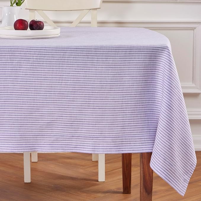 Solino Home Linen Tablecloth 60 x 90 Inch - Narrow Stripe 100% Pure Linen Lavender and White Table Cloth for Rectangle Tables - Machine Washable Tablecloth for Fall, Autumn, Thanksgiving