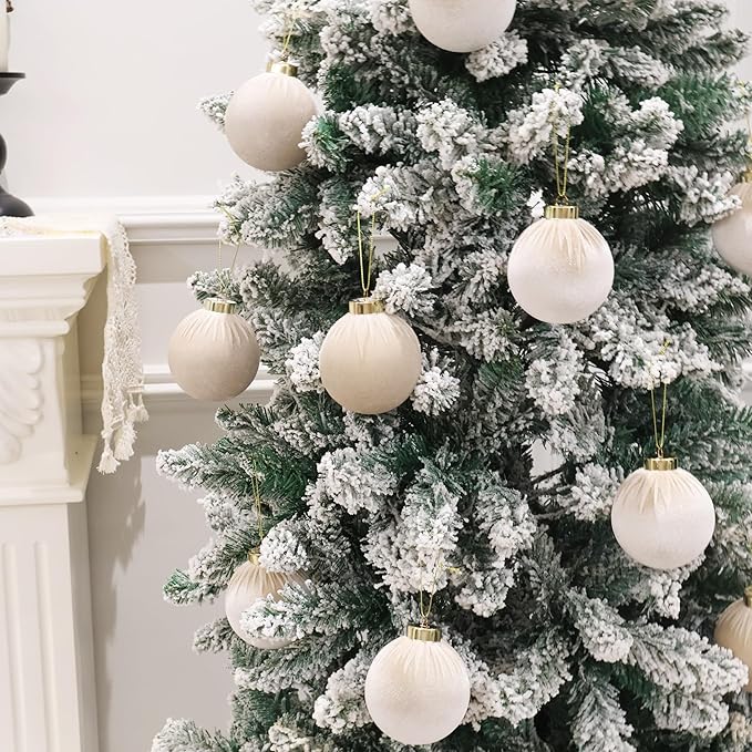 3.15inch Velvet Ornaments for Christmas Tree, 15pcs Flocked Christmas Ornaments Decorations Balls Set Decor Beige