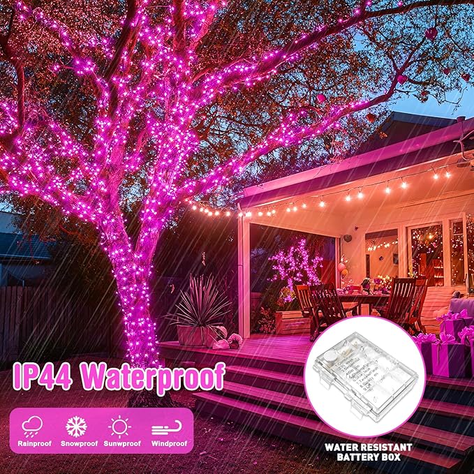 JMEXSUSS 33ft 100 LED Pink String Lights Battery Operated, Pink Fairy Twinkle Lights with 8 Modes Remote Indoor Outdoor for Bedroom Christmas Party Tree Decorations