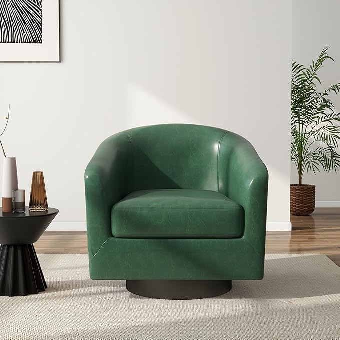 Swivel Barrel Accent Chair, Modern Round Faux Leather Arm Chair for Living Room, Bedroom, Comfy Club Reading Chairs for Adults(Faux Leather, Green, Set of 2)