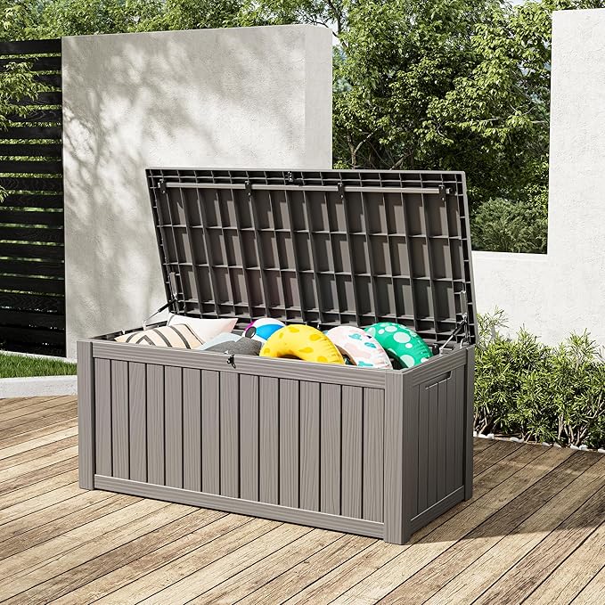 KAMABOKO Outdoor Storage Box, 120 Gallon Large Outdoor Resin Deck Box, Storage Waterproof Boxes Lockable Lid for Garden Tools, Pool Supplies, Patio Furniture and Cushions, Grey