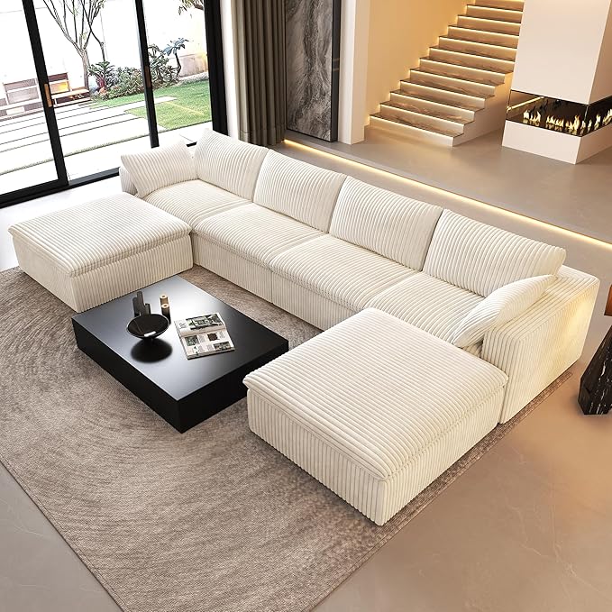 157.5" U Shaped Modern Sofa Modular Sectional Cloud Couch with 2 Ottoman,Deep Seat Upholstered Couches with Corduroy Fabric for Living Room Furniture,Bedroom and Apartment,No Assembly Required,White