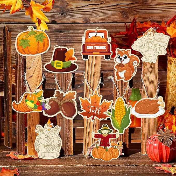 80PCS Wooden Thanksgiving Decoration Turkey Ornaments to Paint Happy Thanksgiving Cutouts Unfinished, DIY Blank Fall Unfinished Maple Leaf Corn Truck Pumpkin Ornament for Home Crafts Hanging