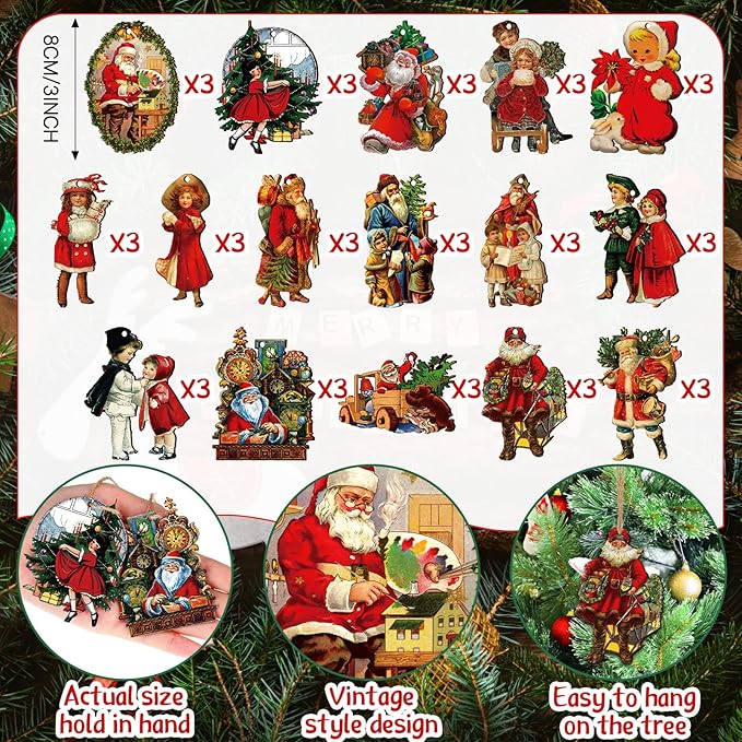 48 Pcs Vintage Wood Ornaments - Victorian Style Santa Claus, Snowman & Retro Decor for Christmas Trees