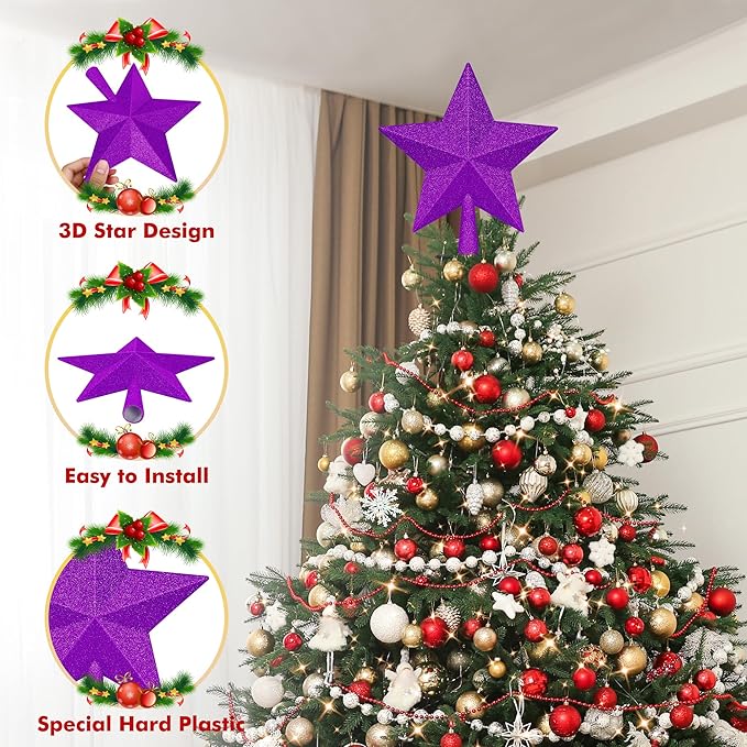 Christmas Tree Ornament, 10" Purple Star Christmas Tree Topper Decorations, Large Xmas Glitter 3D Bethlehem Tree Ornament, Waterproof Holiday Christmas Tree Topper Star Decor for Home Indoor Outdoor