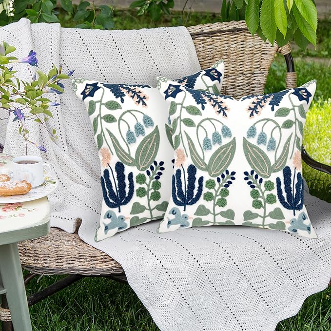 Alysheer Summer Floral Embroidered Decorative Throw Pillow Covers 18"x 18" Set of 2, Farmhouse Navy Blue Flowers Green Leaves Tufted Patterned Cotton Cushion Cases for Couch Bed Living Room Decor