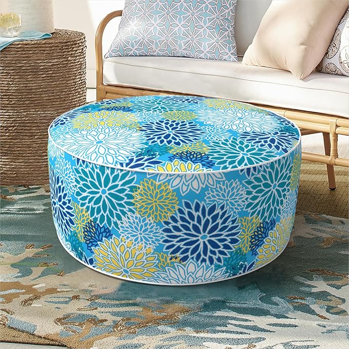 Inflatable Ottoman Stool D21 xH9 for Outdoor/Indoor Use, Water Repellent Patio Foot Rest Stool with Portable Handle,Round Pouf Ottoman Suitable for Garden,Deck and Camping - Dahlia Blue