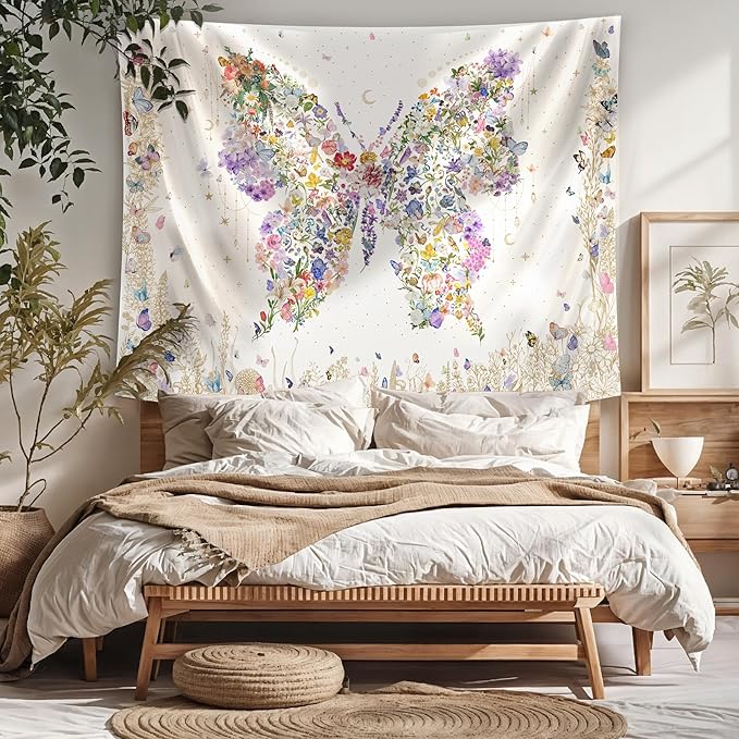 Damanse Butterfly Tapestry Wall Hanging Cute,Boho Wall Tapestry for Bedroom Aesthetic,Flower Living Room Decor for Teen Girls (White, 49.20" x 59.10")