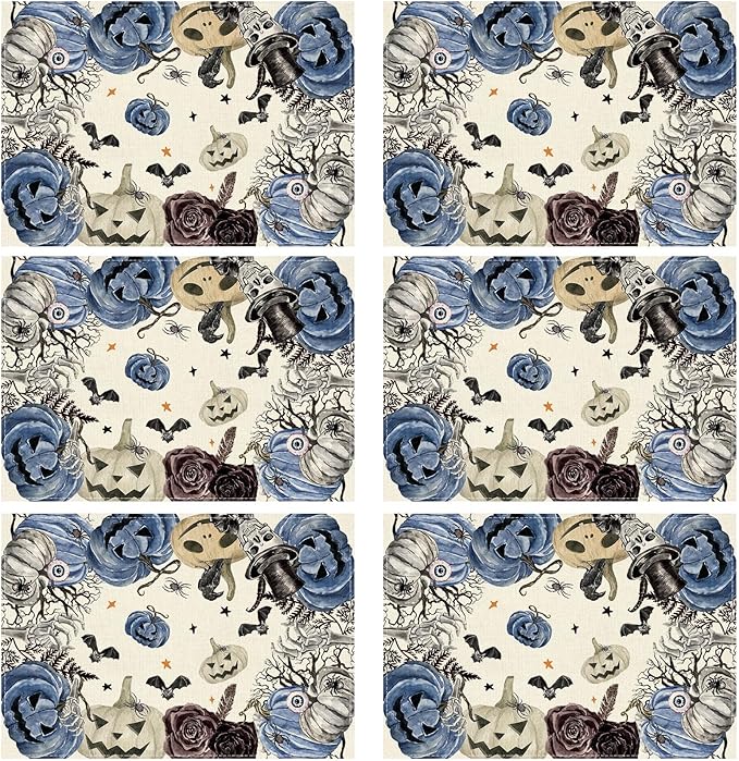 XCHI Spooky Blue Pumpkin Halloween Placemats Set of 6 Table Mats for Party Home Kitchen Dining Table Decorations 12x18 Inch