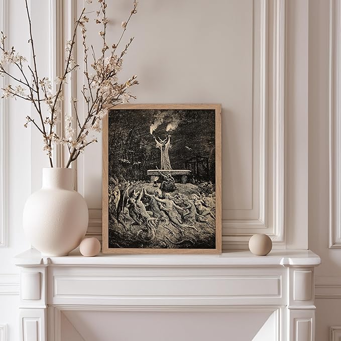 Poster Master Vintage Gustave Dore Poster - Retro Illustration Print - Gift for Gothic, Horror Fan - Dance of Sabbath, Witch, Magic, Spell - Wall Decor for Bedroom, Dorm, 11x14 Beige Framed