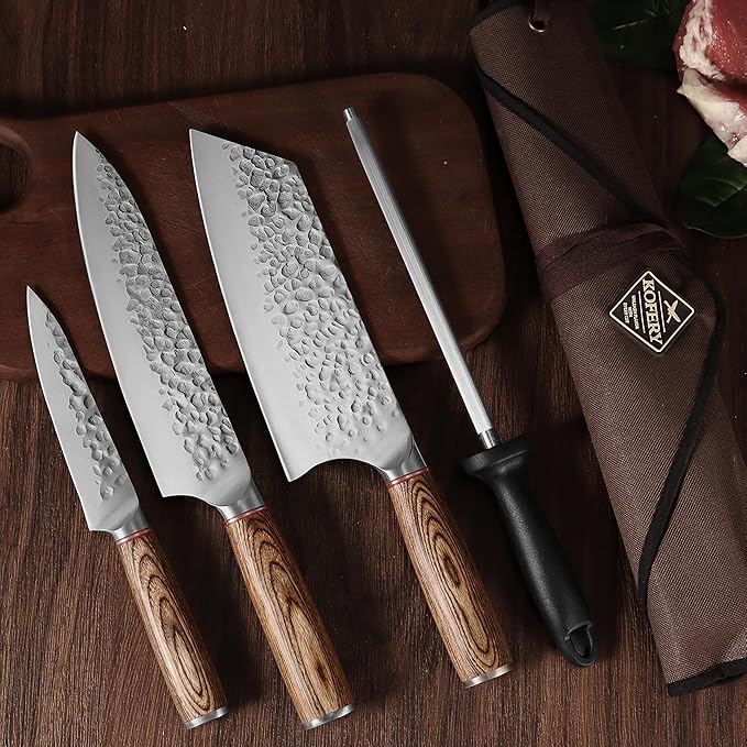KOFERY 5PCS Chef and BBQ Knife Set with Roll Bag, High Carbon Stainless Steel Knives for Precise Cooking, Outdoor Meat Cutting(Include Sharpening Steel)