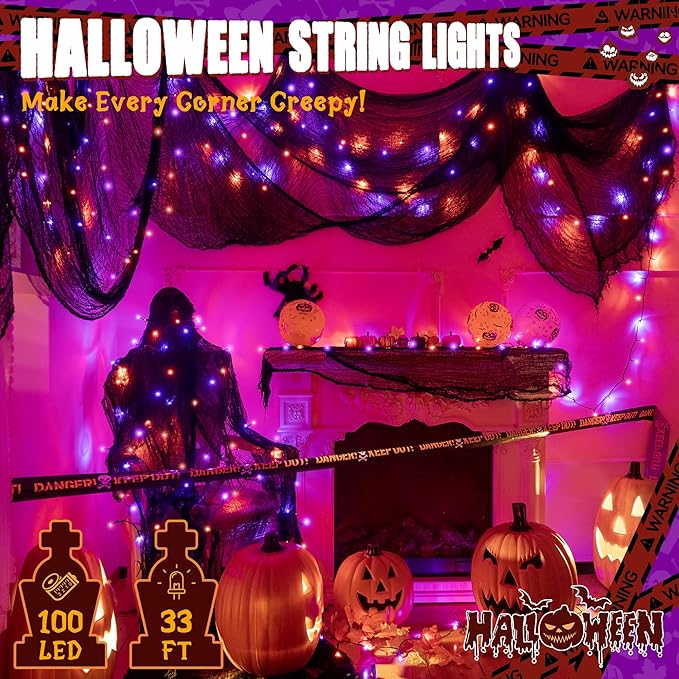 Ollny Halloween Lights Outdoor, 100 LED 33FT Orange and Purple Halloween Decorations with 8 Modes Timer, Plug in String Lights for Indoor Bedroom Home Party Outside