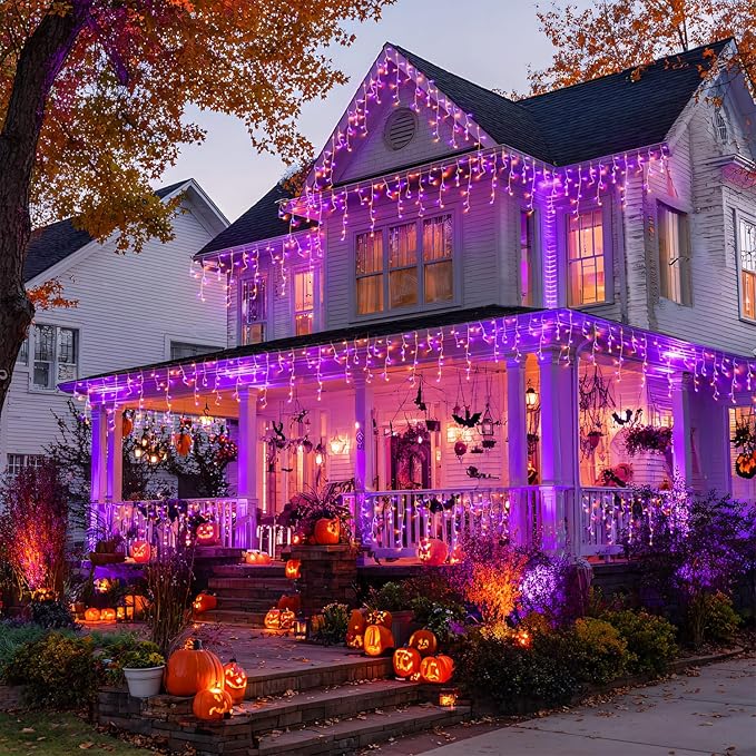 JMEXSUSS 400 LED Orange and Purple Halloween Lights Outdoor, 38.8 FT Orange and Purple Icicle Light Outdoor Waterproof, 8 Modes Halloween Lights Plug in for House Christmas Party Decorations