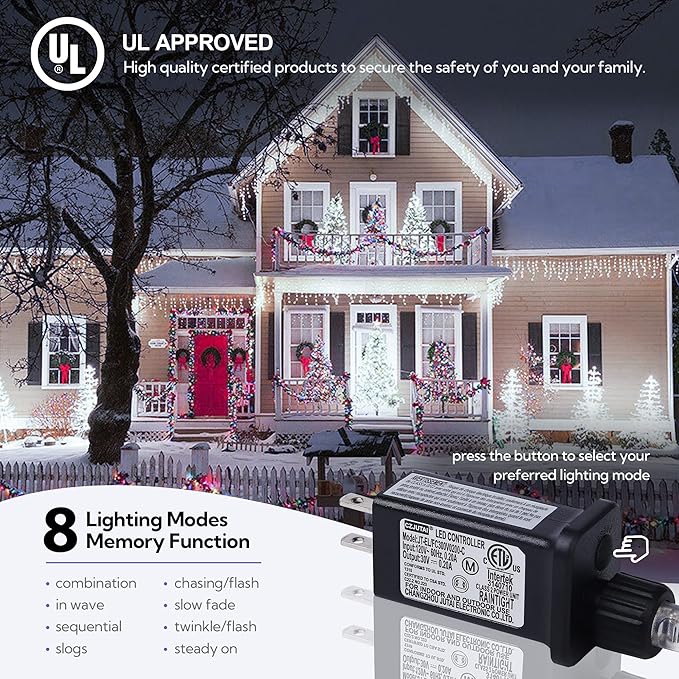 Hopolon 33FT 360L LED Christmas Icicle Lights Outdoor Waterproof,8 Modes Plug in Curtain String Lights with 60 Drops,Christmas Lights for Wedding,Party,Bedroom,Home,Garden,Wall Decorations(White)