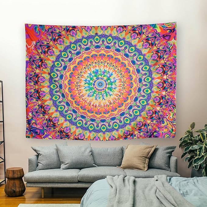 OSVINO Blacklight Colorful Mandala Tapestry 90"x70" Kaleidoscopic Trippy Room Decor Black Light Poster Bohemian Wall Decor for Bedroom Backdrop Decor