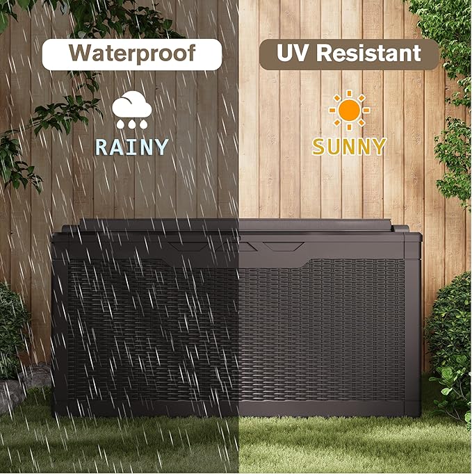 JUMMICO 100 Gallon Resin Deck Box with Cushion, Waterproof Outdoor Storage Box with Lockable Lid for Garden Tools, Patio Cushions (Brown)