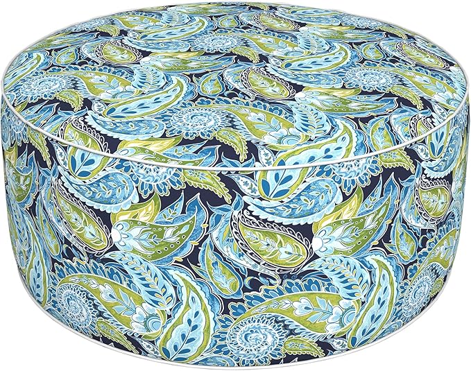 Inflatable Ottoman Stool D31 xH14 for Outdoor/Indoor Use, Water Repellent Patio Foot Rest with Portable Handle,Round Pouf Ottoman Suitable for Garden,Deck and Camping - Paisley Lapis Green