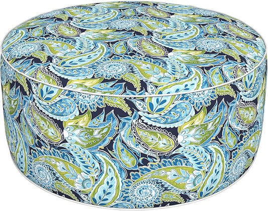Inflatable Ottoman Stool D31 xH14 for Outdoor/Indoor Use, Water Repellent Patio Foot Rest with Portable Handle,Round Pouf Ottoman Suitable for Garden,Deck and Camping - Paisley Lapis Green