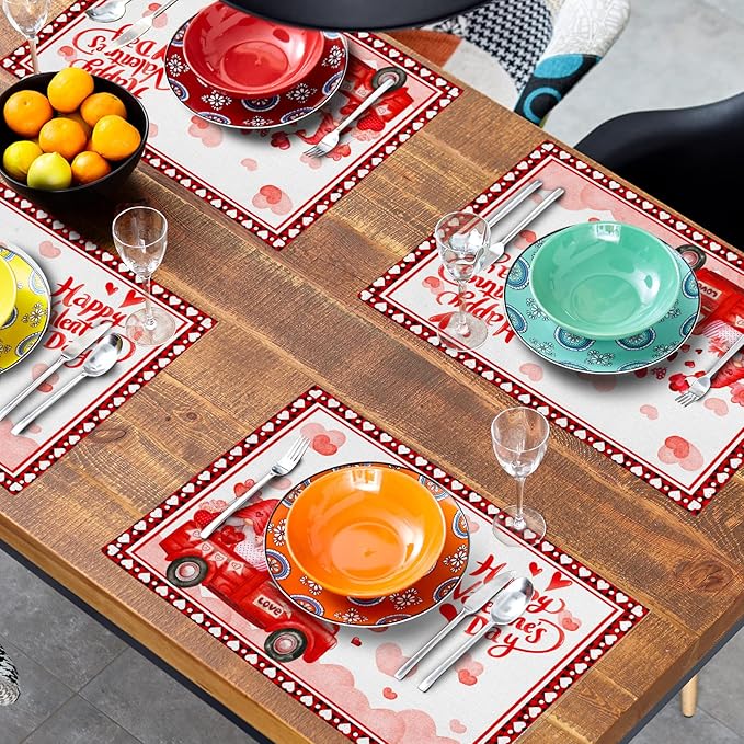 Valentines Day Placemats Red Truck Love Heart Placemats Set of 4 Cute Gnome Place Mats for Kitchen Dining Party Table Home Decoration Size 18x12 in