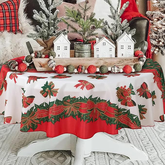 LUSHVIDA Christmas Tablecloth Round - 60inch Holly Ribbon Pattern Washable Wrinkle Resistant Holiday Tablecloths for Christmas Family Gathering, Dining Room Table 130GSM