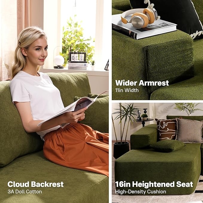 104" Cloud Sectional Couches for Living Room,L Shaped Boneless Couch in A Box,Sleeper Sofa with Comfy Chaise No Assembly Required,Green