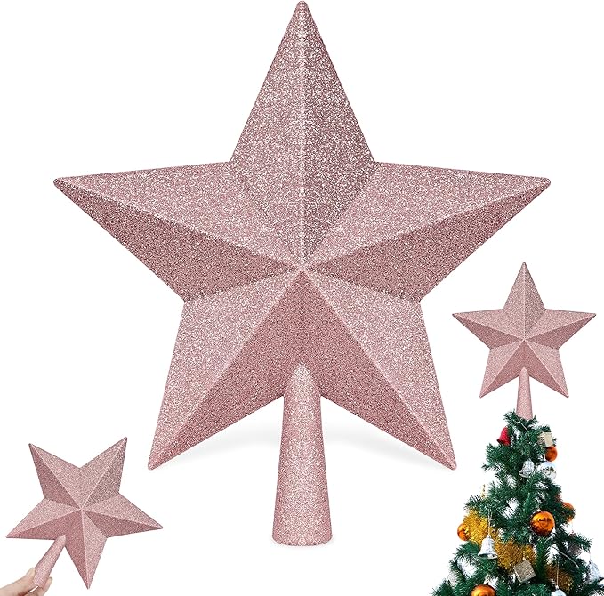 Christmas Tree Top Ornament, 10" Rose Gold Christmas Star Tree Topper, Large Xmas Glitter 3D Bethlehem Tree Topper Ornament, Waterproof Holiday Christmas Tree Topper Star for Home Indoor Outdoor