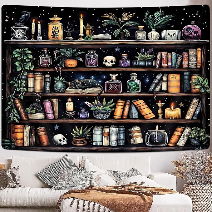 Bookshelf Tapestry Magical Library Witchy Tapestries, Vintage Fantasy Dark Bookshelf Hippie Cool Wall Tapestries Gothic Skull Black Cat Book Aesthetic Decor for Study Classroom, 80X60