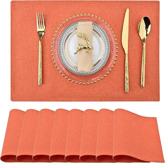 Orange Cloth Placemats Set of 8 - Easy to Clean Linen Type Fabric Table Placemats - Machine Washable & Heat Resistant Non-Slip Table Mats for Holiday Dining (Orange, 8)