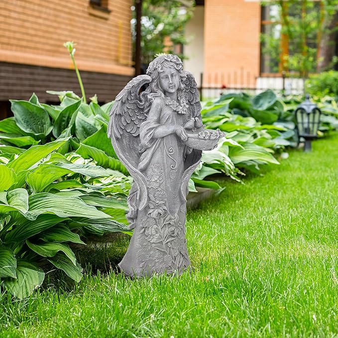 Outdoor Statues Angel Décor Garden Statue- 23.5" H Angel Statue,Resin Angel with Bird Figurine, Ideal for Yard, Patio, Deck, Home Entryway, and Hallway（Grey）